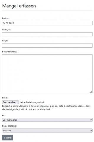 Eingabe Maske des Mangels bei LackTracking.de