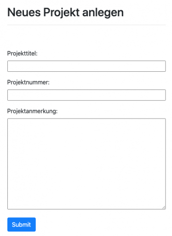 Maske zum Anlegen eines Projektes